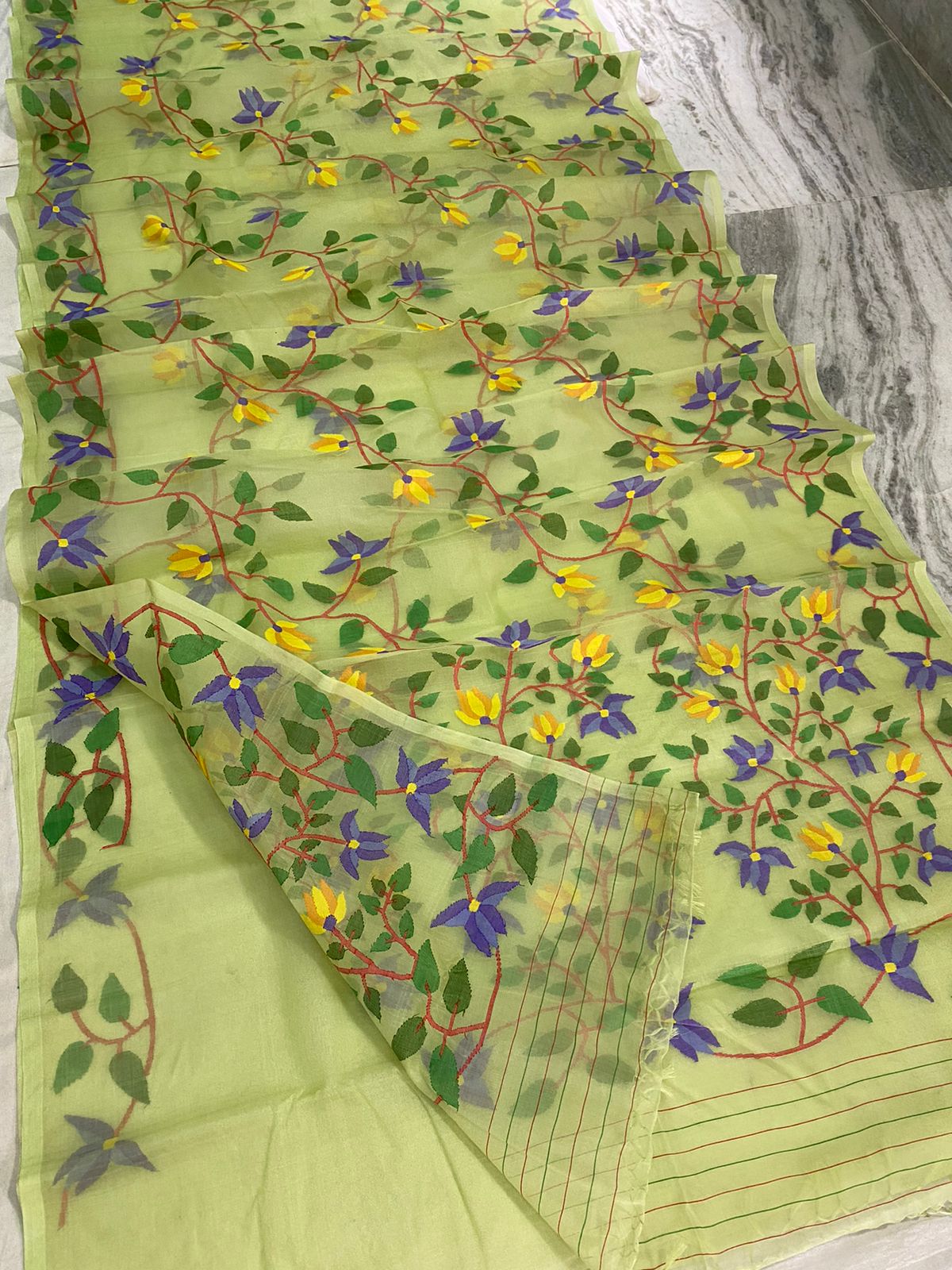 Marigold tantuj muslin jamdani saree - Saffronfashionindia