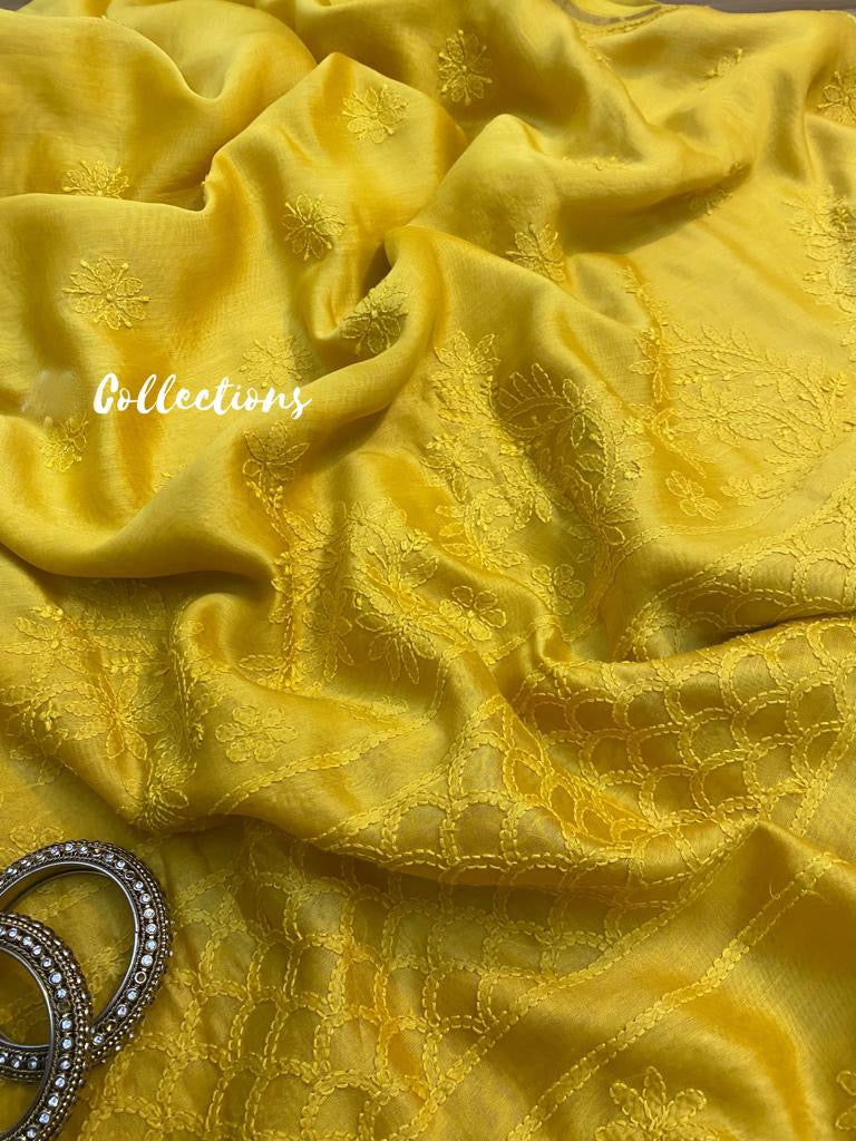 Daisy yellow Chikankari saree - Saffronfashionindia