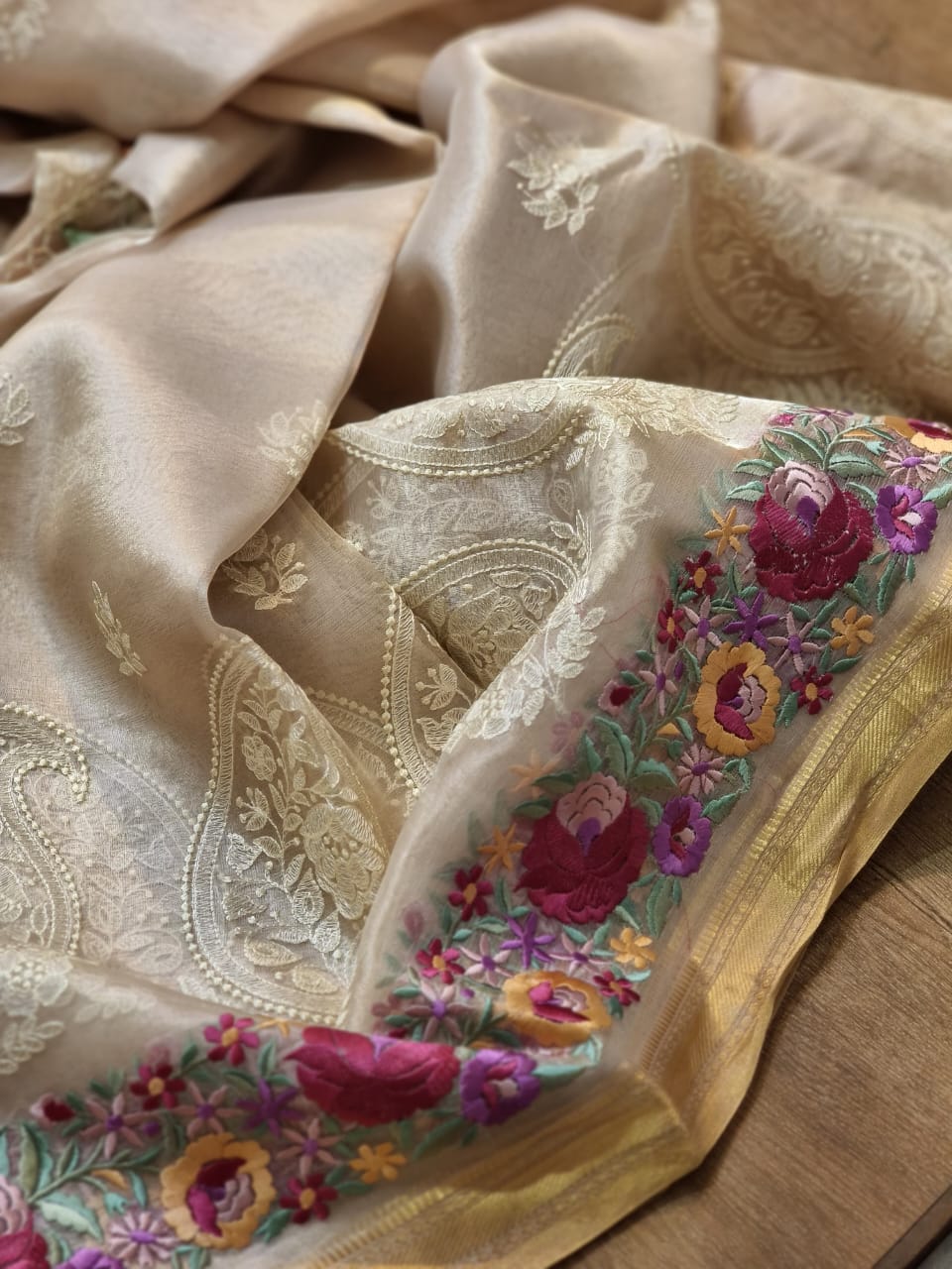 Humraaz tissue silk sari SaffronFashion