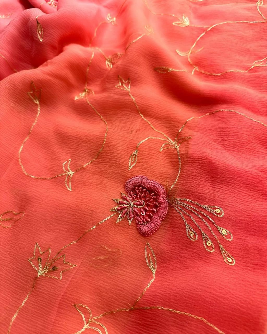 Pinkish peachy chiffon organza saris - Saffronfashionindia