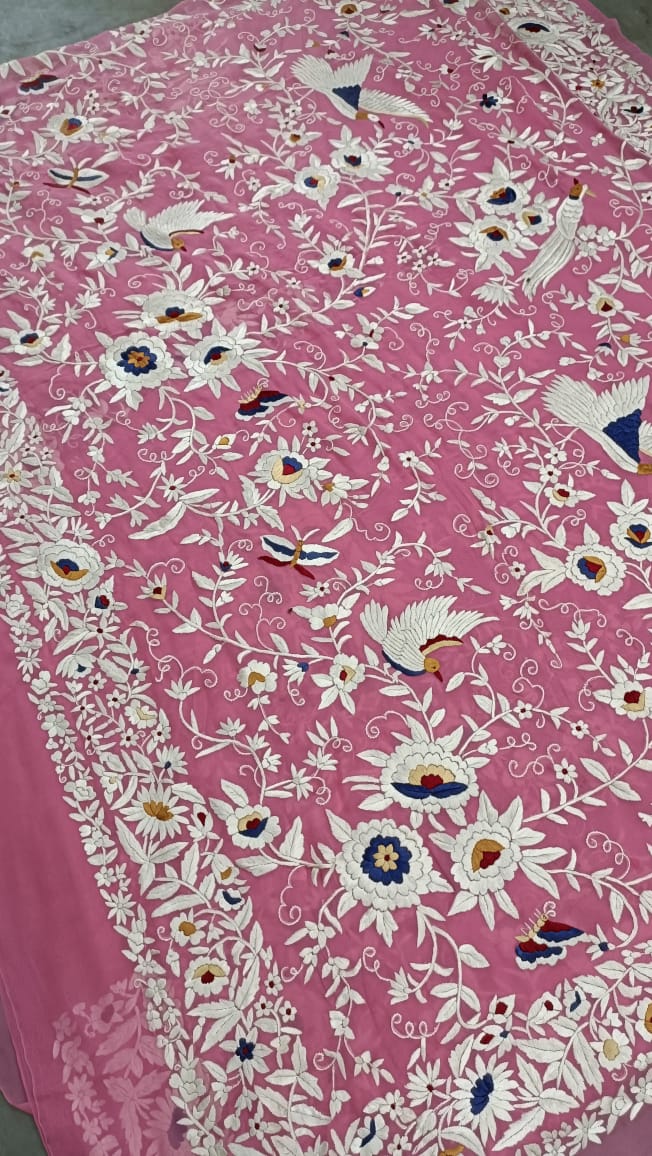Suhana pink gorgette Parsi gara saree - Saffronfashionindia