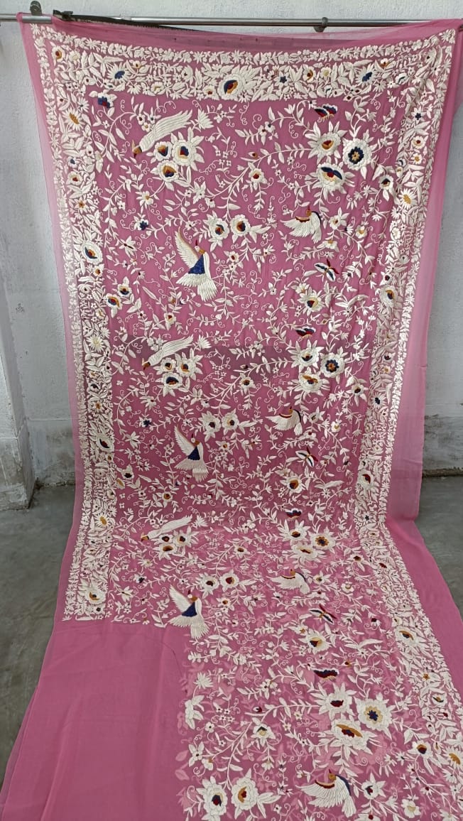 Suhana pink gorgette Parsi gara saree - Saffronfashionindia