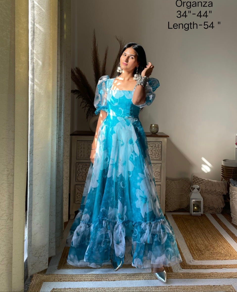Blue organza stylish gown partywear dress, 44