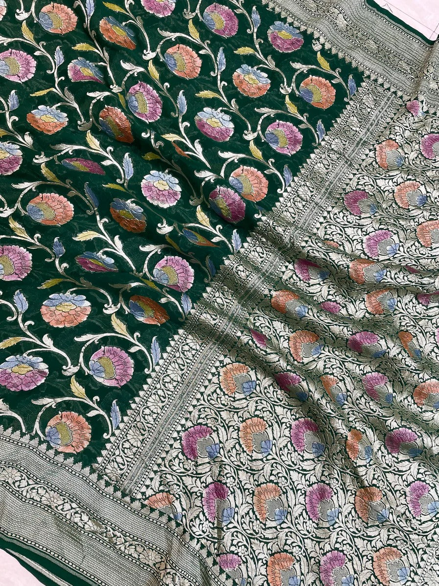 Banarsi khaddi handloom gorgette saree - Saffronfashionindia