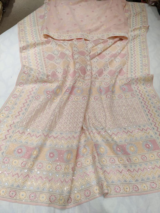 Multicolour Chikankari gorgette sari - Saffronfashionindia