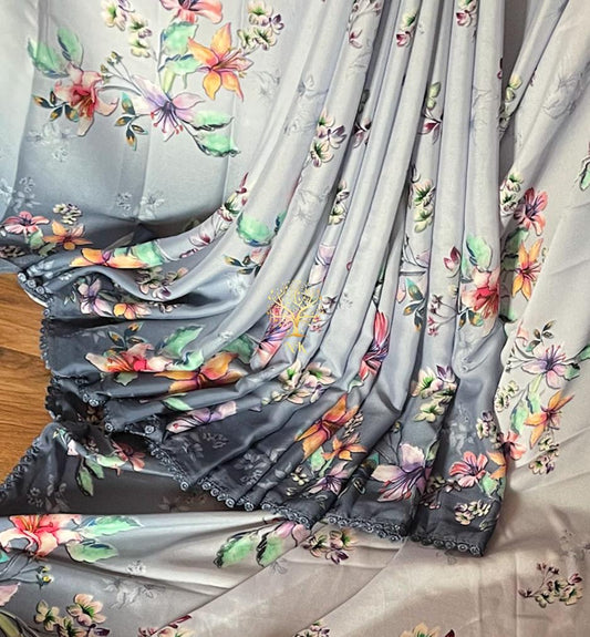Floral crepe satin saree - Saffronfashionindia