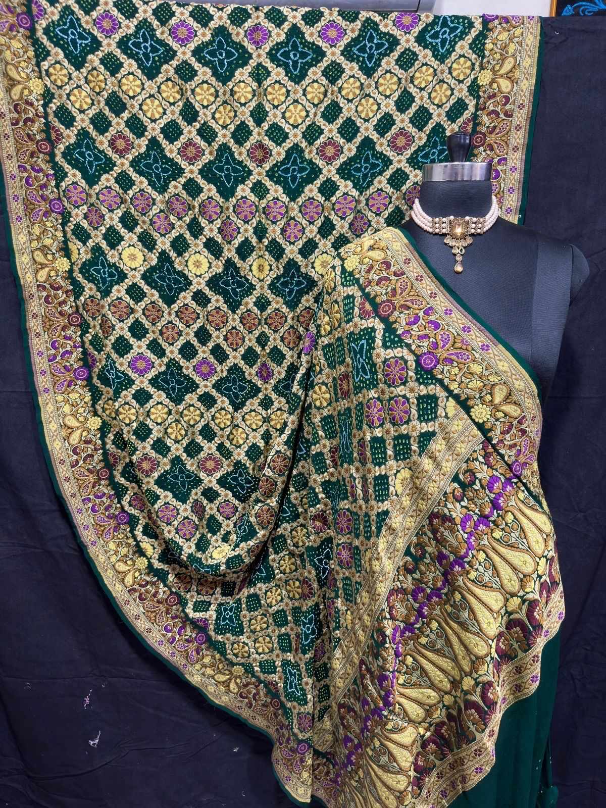 Bandhani blossom Meenakari gorgette saree - Saffronfashionindia