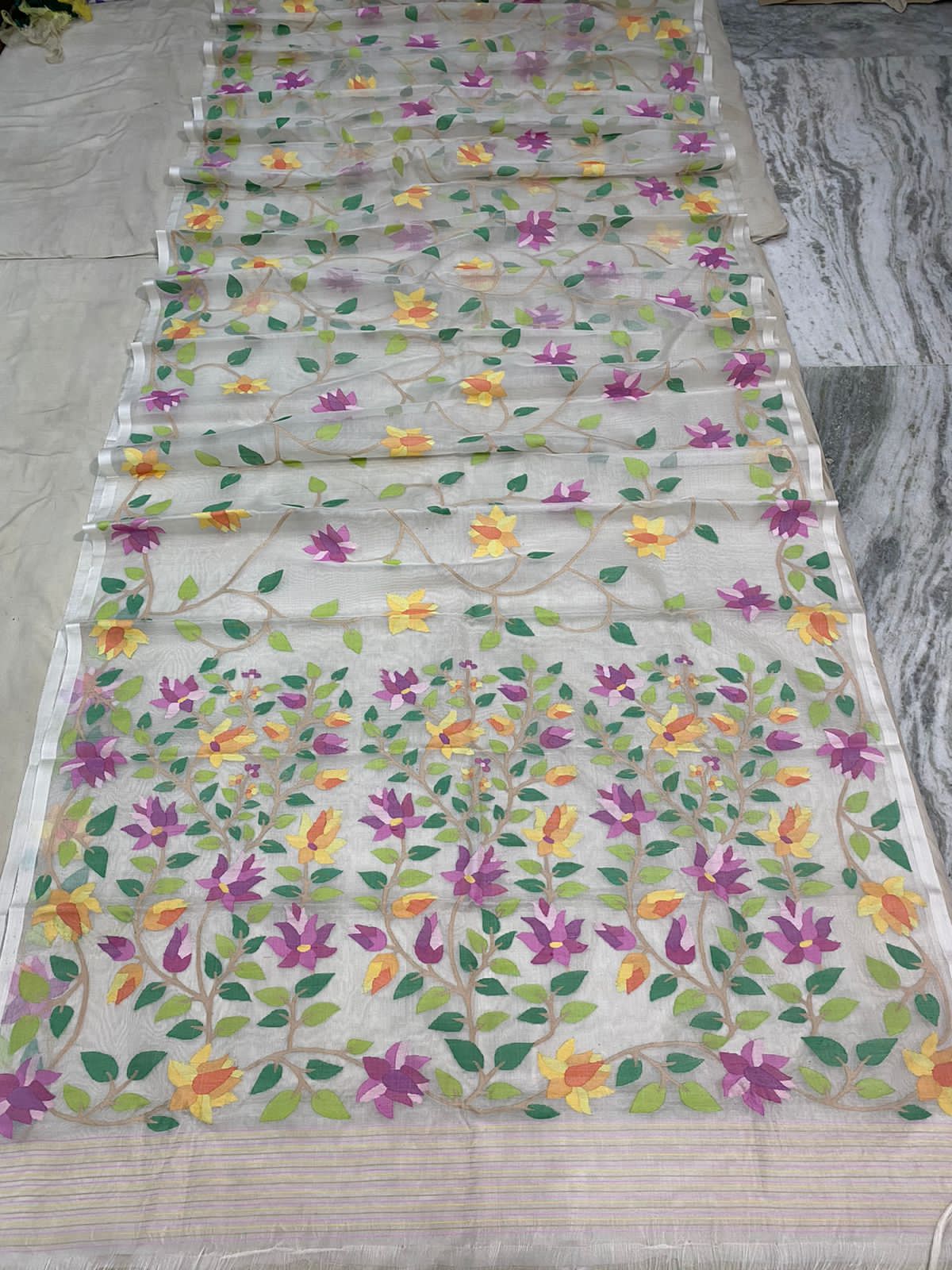Humisha muslin jamdani handwoven saree - Saffronfashionindia