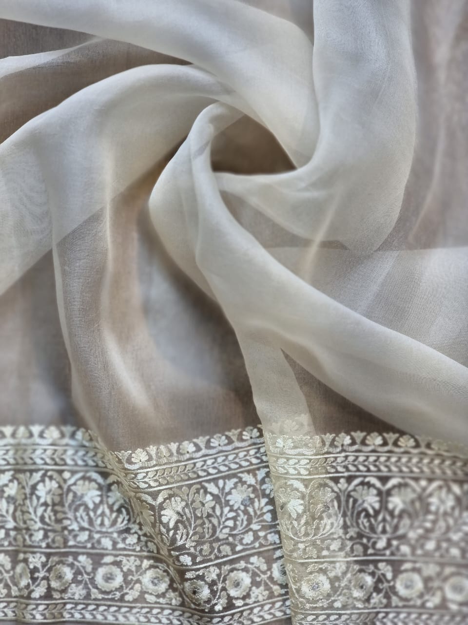 Organza silk Parsi embroidered sari - Saffronfashionindia