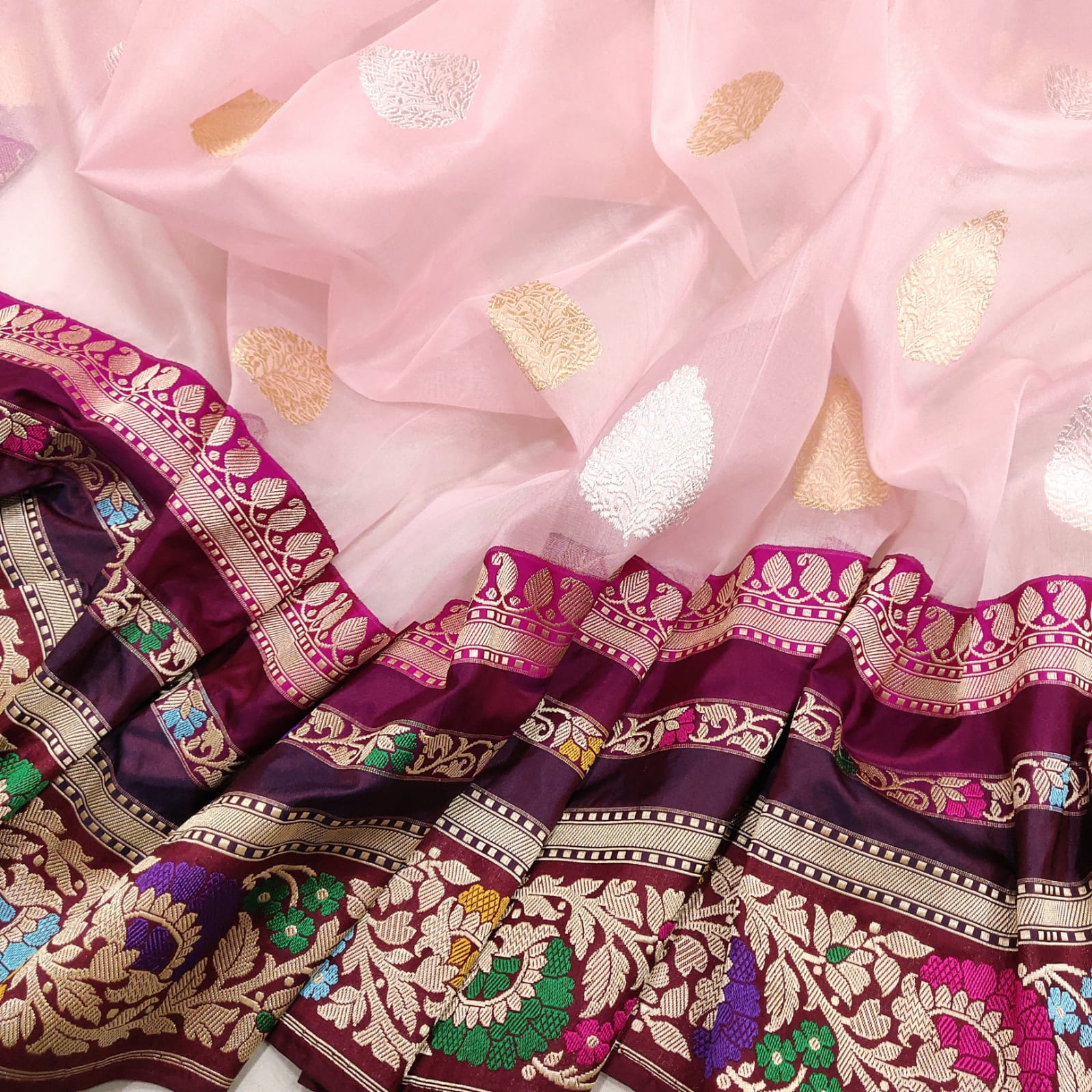 Pinkly handwoven kora saree - Saffronfashionindia