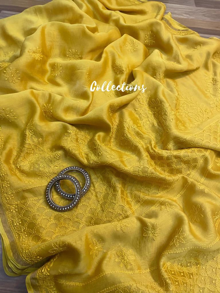 Daisy yellow Chikankari saree - Saffronfashionindia