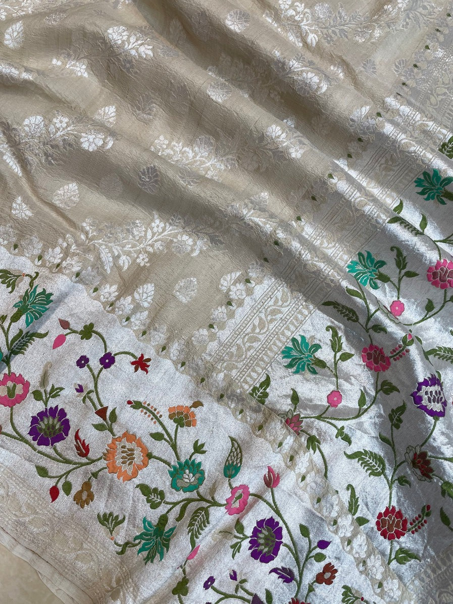 Floral gorgette tussar embroidery saree - Saffronfashionindia