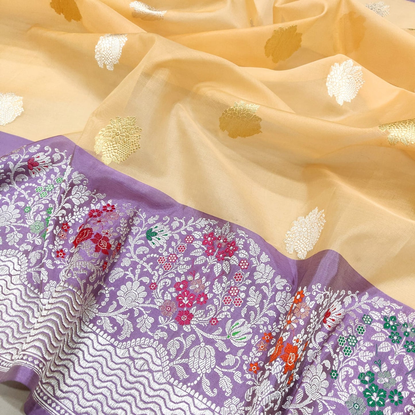 Rajwara handwoven kora Katan saree - Saffronfashionindia
