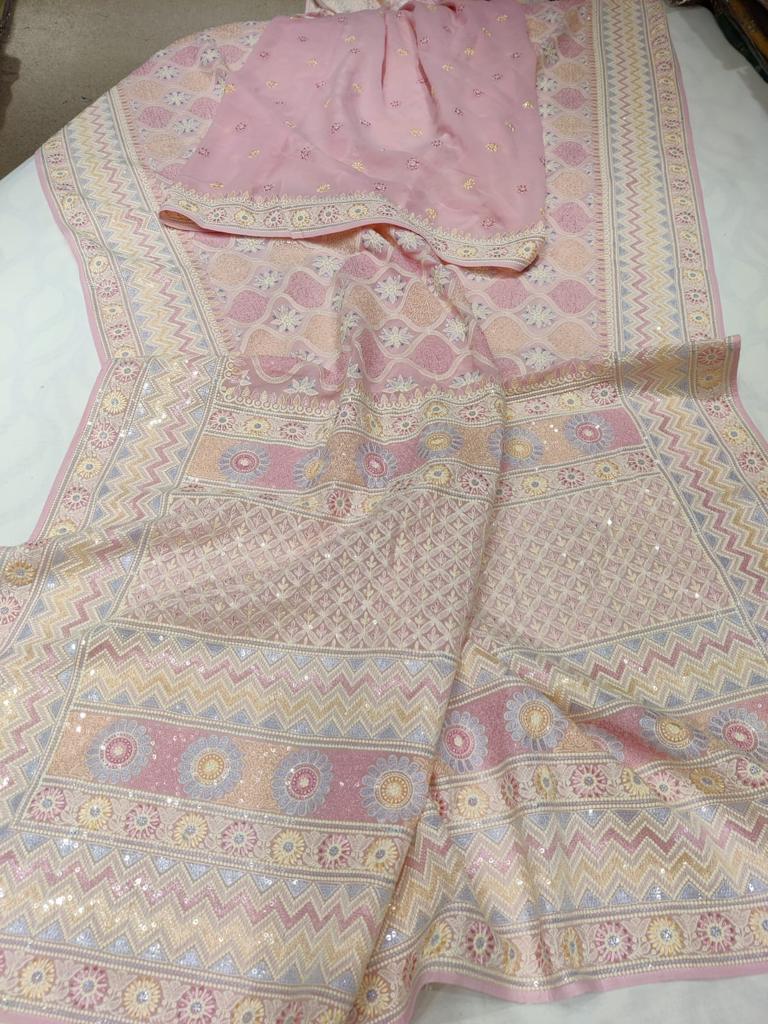 Multicolour Chikankari gorgette sari - Saffronfashionindia