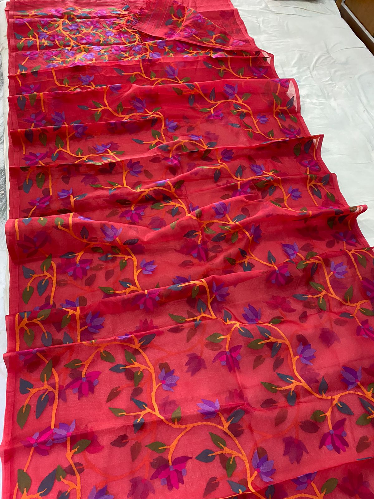 Red tantuj muslin jamdani saree - Saffronfashionindia