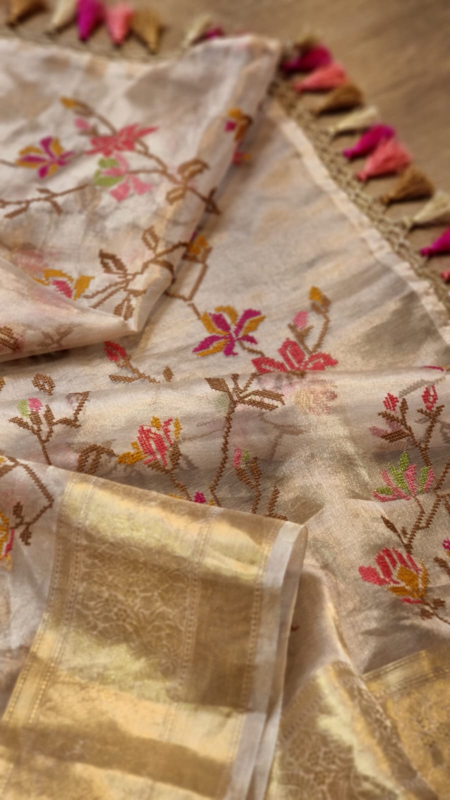 Embroidered tissue silk organza sari - Saffronfashionindia