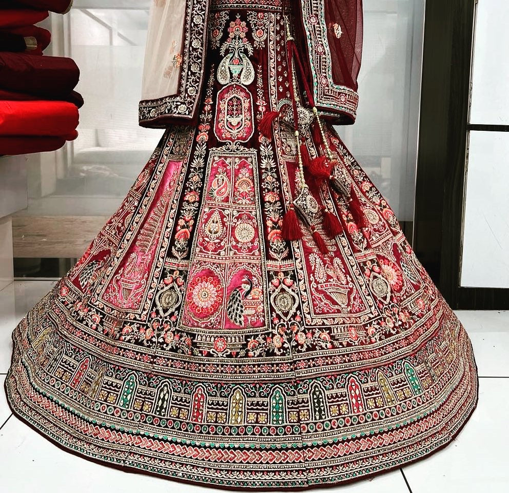 Kanchi velvet embroidery lehanga - Saffronfashionindia