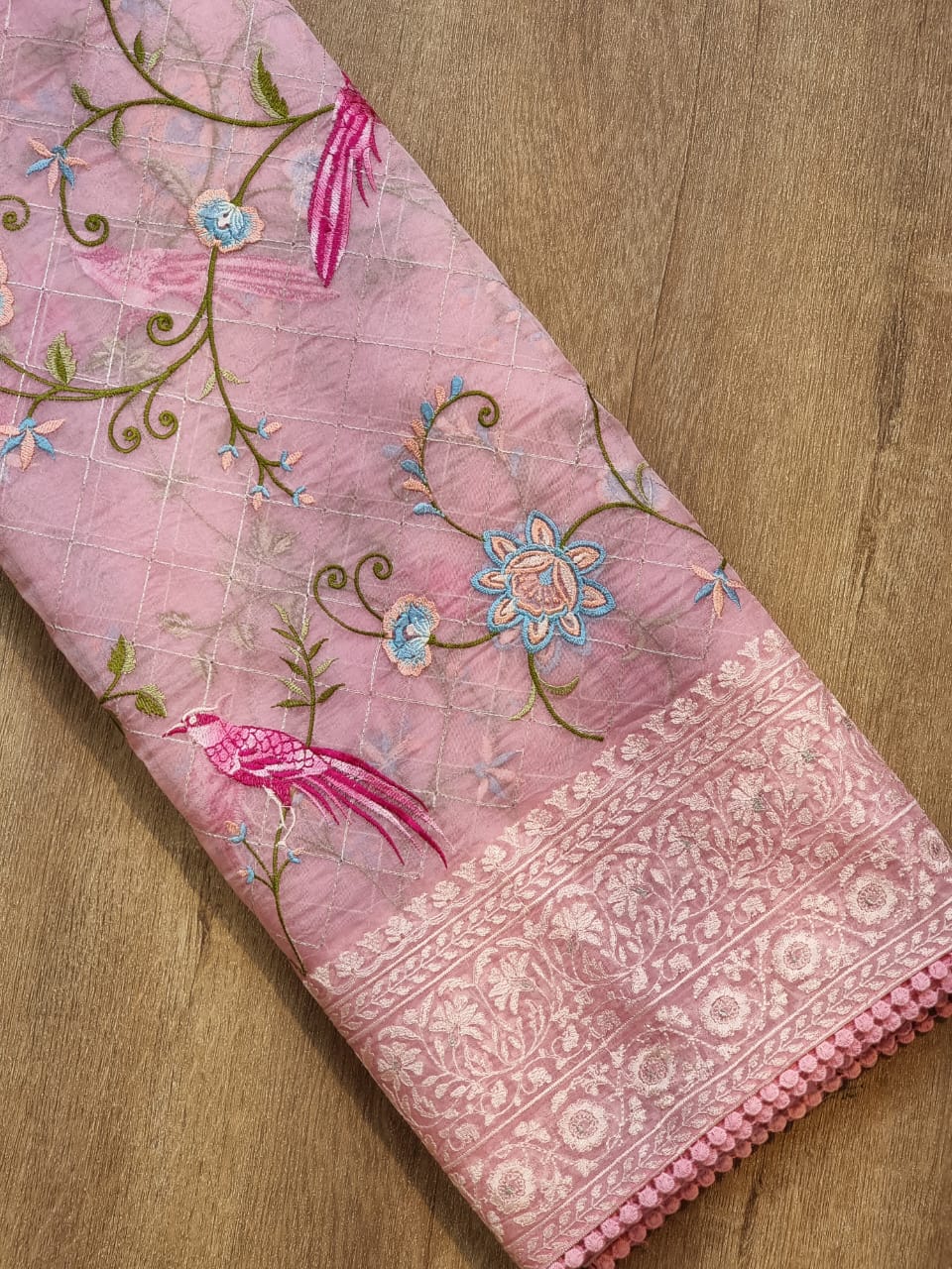Organza silk Parsi embroidered sari - Saffronfashionindia