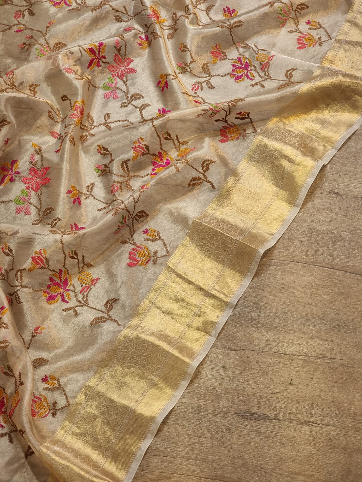 Embroidered tissue silk organza sari - Saffronfashionindia