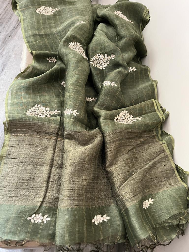Linen gottapatti zardosi saree SaffronFashion