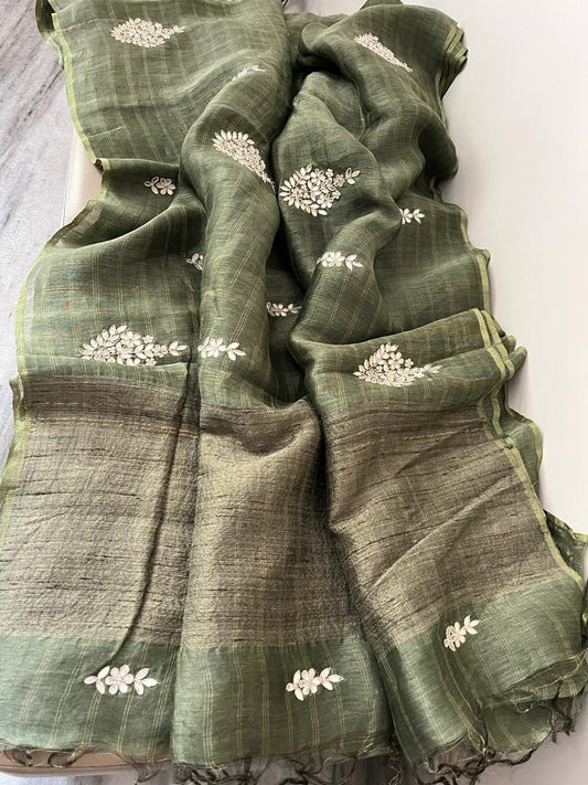Linen gottapatti zardosi saree SaffronFashion