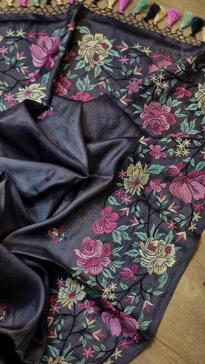 Black tussar silk embroidery saree - Saffronfashionindia