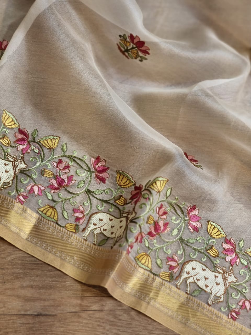 Pichwai based organza Silk saree - Saffronfashionindia