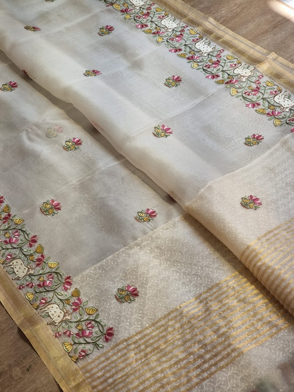 Pichwai based organza Silk saree - Saffronfashionindia