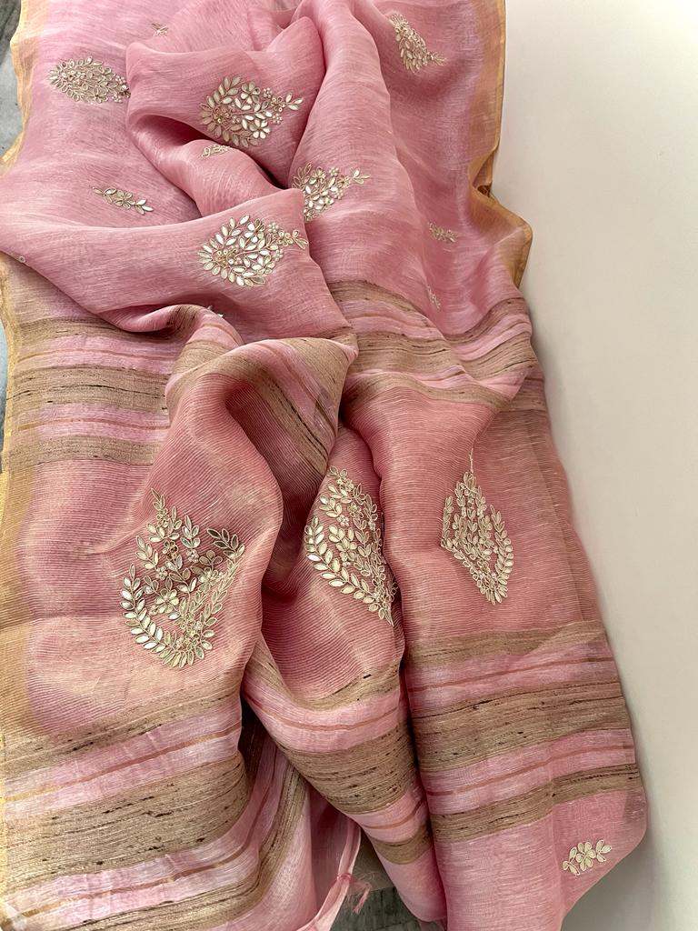 Linen gottapatti zardosi checks saree women saree Indian sari - Saffronfashionindia