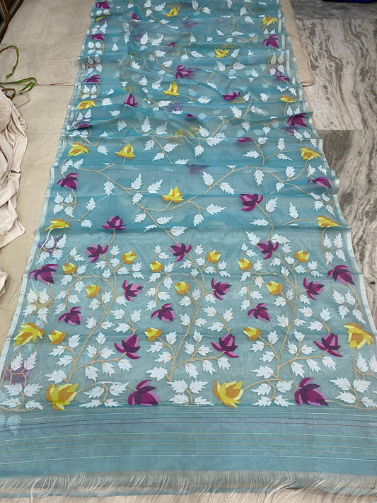 Aqua muslin tantuj jamdani saree - Saffronfashionindia