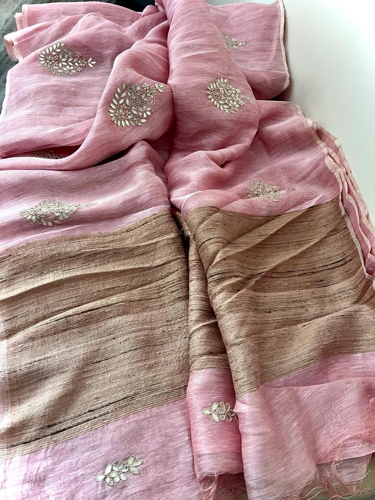 Linen gottapatti zardosi saree SaffronFashion