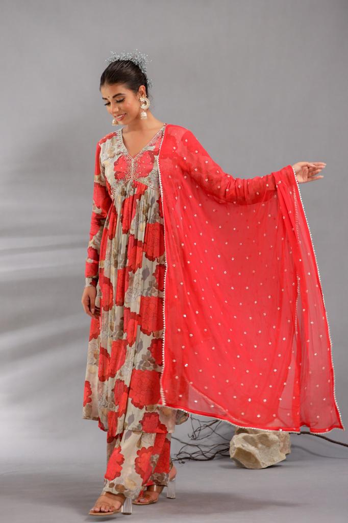 Red printed salwar suit - Saffronfashionindia