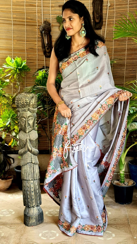 Cutwork inspired saree tussar silk sari - Saffronfashionindia