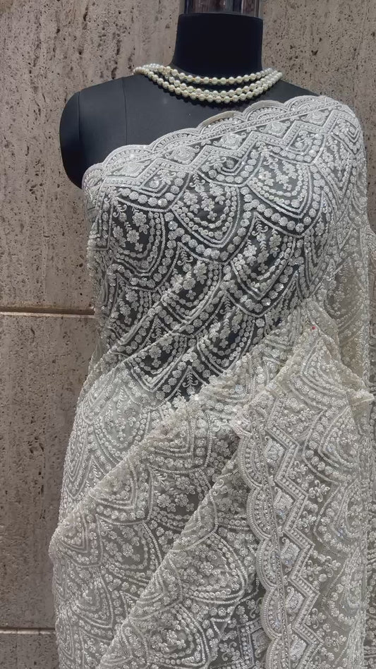 Royal white saree designer saree Indian wedding sarees blouse