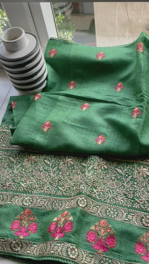 Green tussar embroidery saree