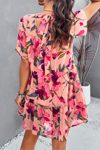 Printed Tiered Round Neck Mini Dress - Saffronfashionindia