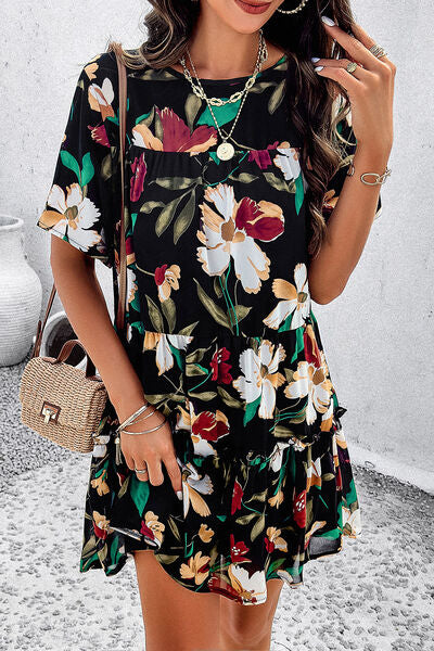 Printed Tiered Round Neck Mini Dress - Saffronfashionindia