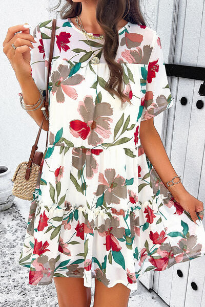 Printed Tiered Round Neck Mini Dress - Saffronfashionindia