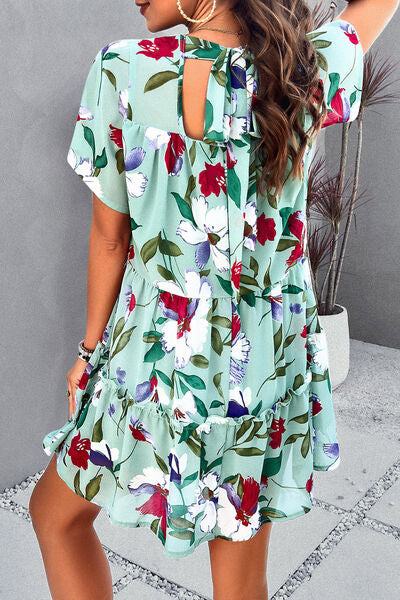Printed Tiered Round Neck Mini Dress - Saffronfashionindia
