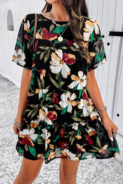 Printed Tiered Round Neck Mini Dress - Saffronfashionindia