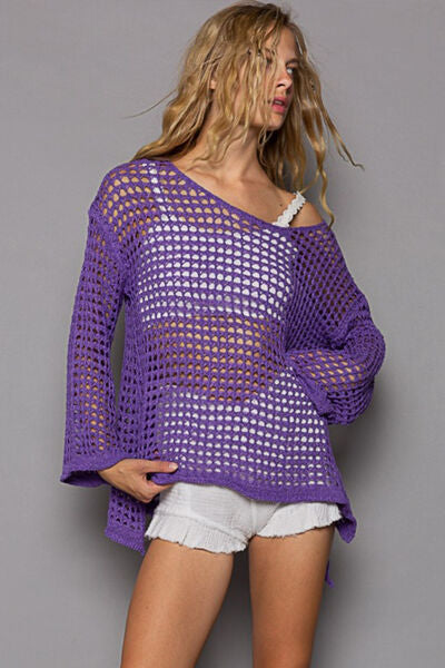 POL Openwork Flare Sleeve Knit Cover Up - Saffronfashionindia