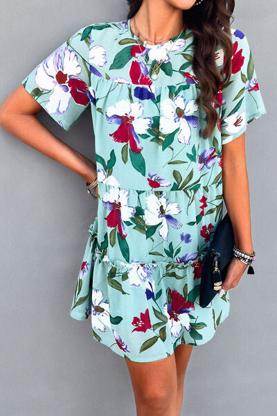 Printed Tiered Round Neck Mini Dress - Saffronfashionindia