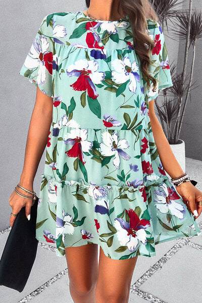 Printed Tiered Round Neck Mini Dress - Saffronfashionindia
