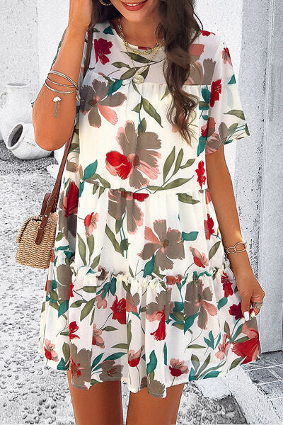 Printed Tiered Round Neck Mini Dress - Saffronfashionindia