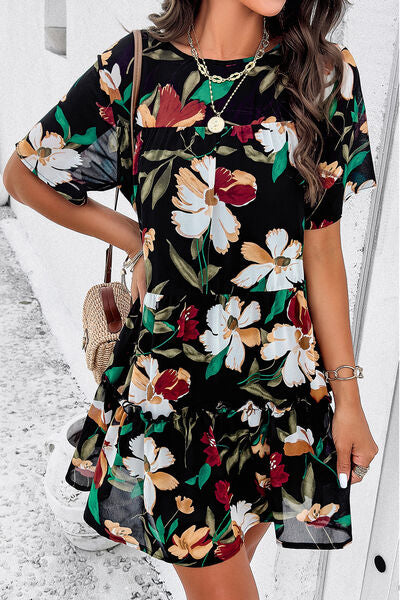 Printed Tiered Round Neck Mini Dress - Saffronfashionindia