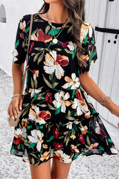 Printed Tiered Round Neck Mini Dress - Saffronfashionindia