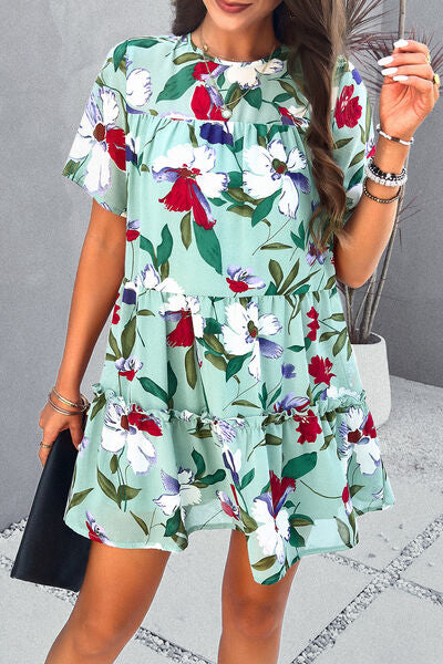 Printed Tiered Round Neck Mini Dress - Saffronfashionindia