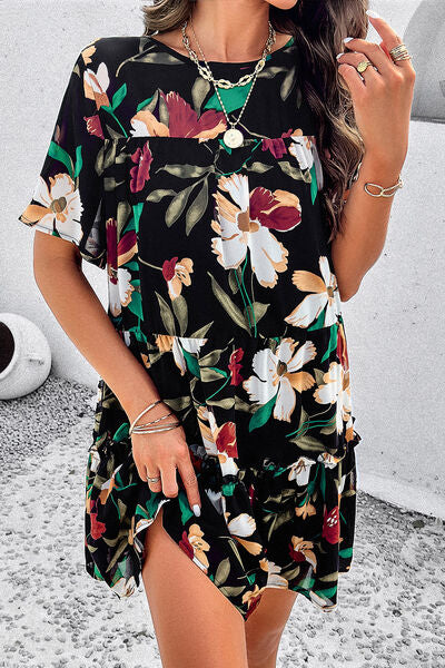 Printed Tiered Round Neck Mini Dress - Saffronfashionindia