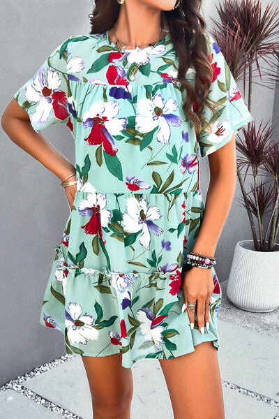 Printed Tiered Round Neck Mini Dress - Saffronfashionindia