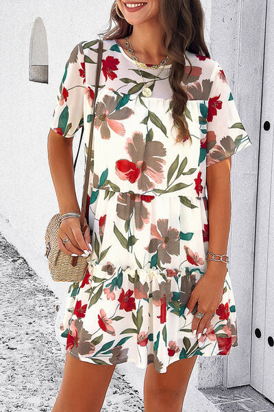 Printed Tiered Round Neck Mini Dress - Saffronfashionindia